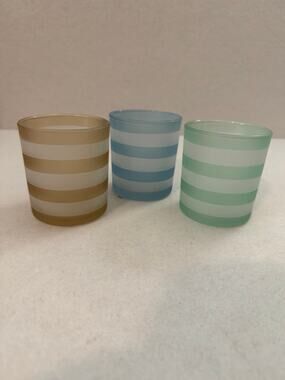 Yankee Candle New 3 Piece Striped Candle Holders Frosted Blue Green Sand